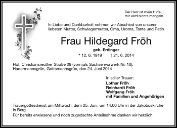 Traueranzeige von Hildegard Fröh von Frankenpost