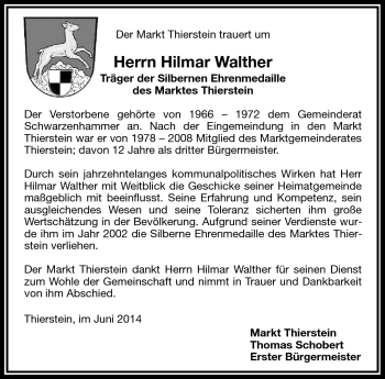 Traueranzeige von Hilmar Walther von Frankenpost
