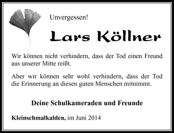 Traueranzeige von Lars Köllner von Südthüringer Presse