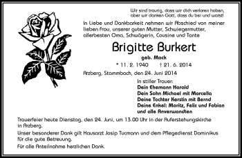 Traueranzeige von Brigitte Burkert von Frankenpost