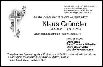 Traueranzeige von Klaus Gründler von Frankenpost