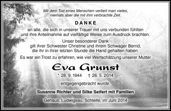 Traueranzeige von Eva Grunst von Südthüringer Presse