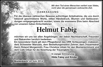 Traueranzeige von Helmut Fabig von Südthüringer Presse