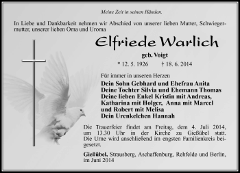 Traueranzeige von Elfriede Warlich von Südthüringer Presse