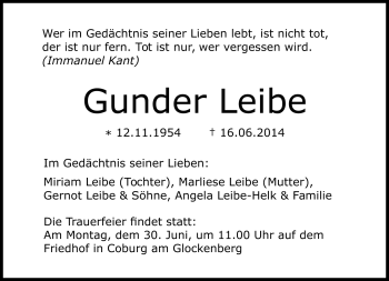 Traueranzeige von Gunder Leibe von Neue Presse Coburg