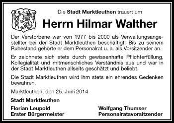 Traueranzeige von Hilmar Walther von Frankenpost
