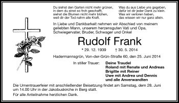 Traueranzeige von Rudolf Frank von Frankenpost