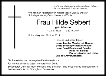 Traueranzeige von Hilde Sebert von Frankenpost