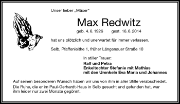 Traueranzeige von Max Redwitz von Frankenpost