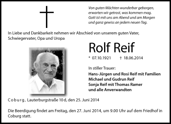 Traueranzeige von Rolf Reif von Neue Presse Coburg