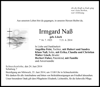 Traueranzeige von Irmgard Naß von Neue Presse Coburg