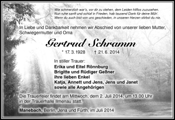 Traueranzeige von Gertrud Schramm von Südthüringer Presse