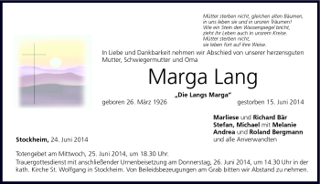 Traueranzeige von Marga Lang von Neue Presse Coburg