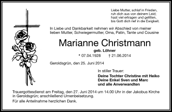 Traueranzeige von Marianne Christmann von Frankenpost