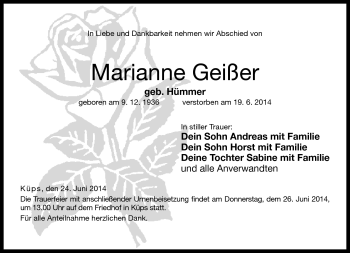 Traueranzeige von Marianne Geißer von Neue Presse Coburg