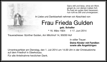 Traueranzeige von Frieda Gulden von Frankenpost