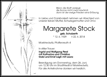Traueranzeige von Margarete Stock von Frankenpost