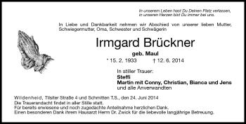 Traueranzeige von Irmgard Brückner von Neue Presse Coburg