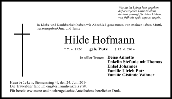 Traueranzeige von Hilde Hofmann von Neue Presse Coburg