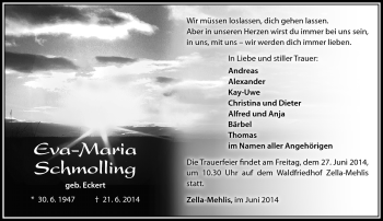 Traueranzeige von Eva-Maria Schmolling von Südthüringer Presse