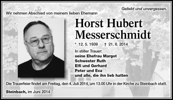 Traueranzeige von Horst Hubert Messerschmidt von Südthüringer Presse
