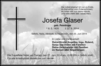 Traueranzeige von Josefa Glaser von Frankenpost
