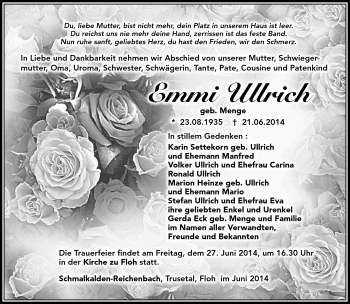 Traueranzeige von Emmi Ullrich von Südthüringer Presse