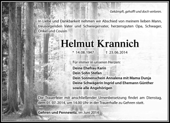 Traueranzeige von Helmut Krannich von Südthüringer Presse