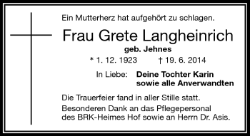 Traueranzeige von Grete Langheinrich von Frankenpost