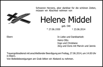 Traueranzeige von Helene Middel von Neue Presse Coburg