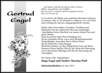 Traueranzeige von Gertrud Engel von Südthüringer Presse