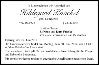 Traueranzeige von Hildegard Knöckel von Neue Presse Coburg