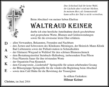 Traueranzeige von Waltraud Keiner von Südthüringer Presse