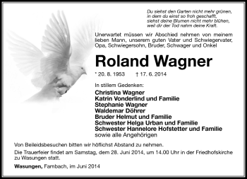 Traueranzeige von Roland Wagner von Südthüringer Presse
