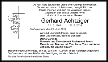 Traueranzeige von Gerhard Achtziger von Frankenpost