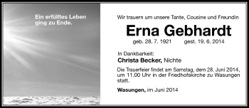 Traueranzeige von Erna Gebhardtt von Südthüringer Presse