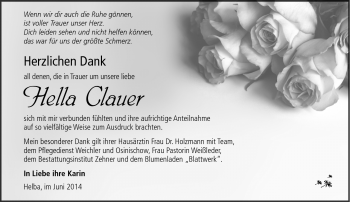 Traueranzeige von Hella Clauer von Südthüringer Presse