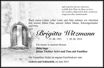 Traueranzeige von Brigitta Witzmann von Südthüringer Presse