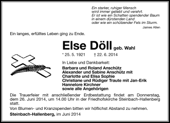 Traueranzeige von Else Döll von Südthüringer Presse