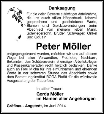 Traueranzeige von Peter Möller von Südthüringer Presse