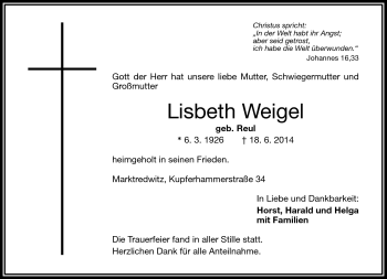 Traueranzeige von Lisbeth Weigel von Frankenpost