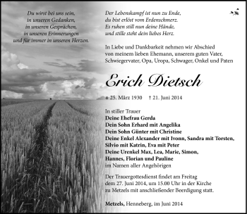 Traueranzeige von Erich Dietsch von Südthüringer Presse