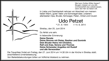 Traueranzeige von Udo Petzet von Frankenpost