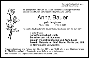 Traueranzeige von Anna Bauer von Neue Presse Coburg