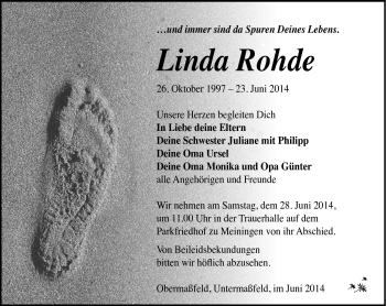 Traueranzeige von Linda Rohde von Südthüringer Presse