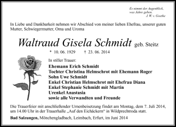 Traueranzeige von Waltraud Gisela Schmidt von Südthüringer Presse