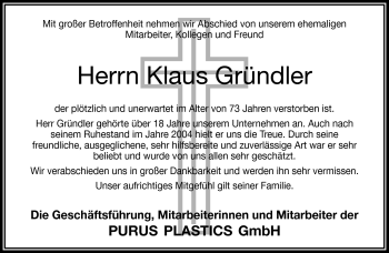 Traueranzeige von Klaus Gründler von Frankenpost