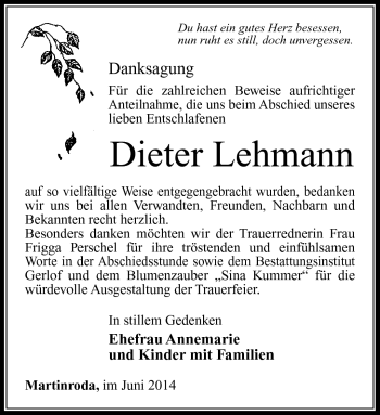 Traueranzeige von Dieter Lehmann von Südthüringer Presse
