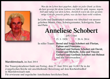 Traueranzeige von Anneliese Schobert von Neue Presse Coburg