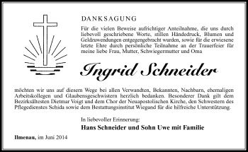 Traueranzeige von Ingrid Schneider von Südthüringer Presse